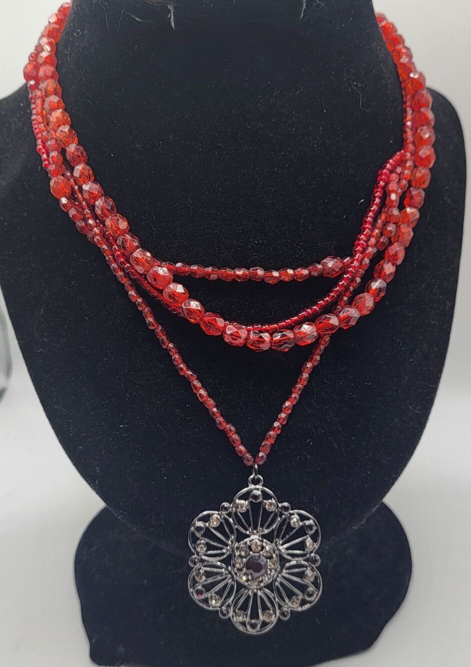 Gothic Ruby Red Beaded Draped Bib Necklace Silver Filigree Mandala Flower Charm